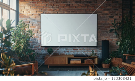 Modern living room with clear TV 123308421