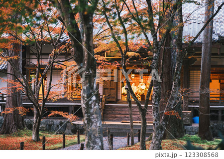 [三千院]色鮮やかな紅葉と歴史的な建物 123308568