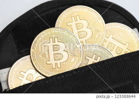 Gold colored bitcoin in black wallet Gold colored bitcoin in black wallet 123308644