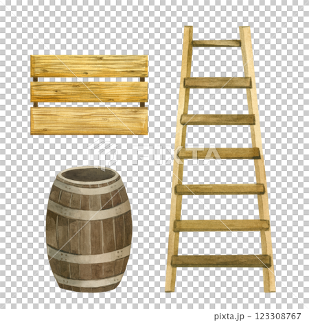 Wooden ladder, stepladder, wooden barrel and storage box for harvest. Harvesting, all objects are hand-painted with watercolor. Suitable for printing on fabric, paper, design. 123308767