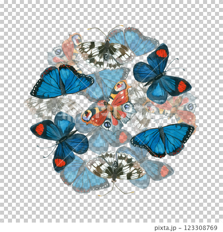 Round composition of butterflies of different colors, Peacock eye, Morpho, bright blue, black and white butterflies. All objects are hand-drawn with watercolors. Suitable for printing, design. Round composition of butterflies of different colors, Peacock eye, Morpho, bright blue, black and white butterflies. All objects are hand-drawn with watercolors. Suitable for printing, design. 123308769