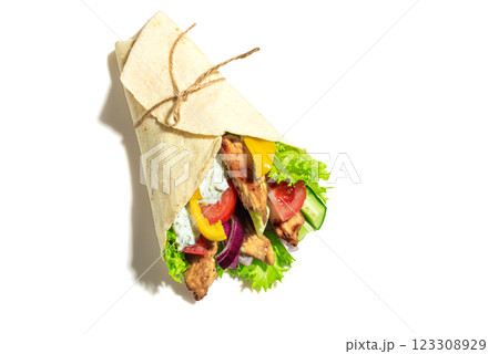 Greek chicken gyros wrap with vegetables Greek chicken gyros wrap with vegetables 123308929