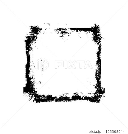Black grunge frame with scratched rough edges, vector messy paintbrush strokes square border ink or chalk texture design 123308944