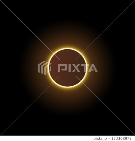 Vector illustration of total solar or lunar eclipse with yellow glowing aura. 123308972