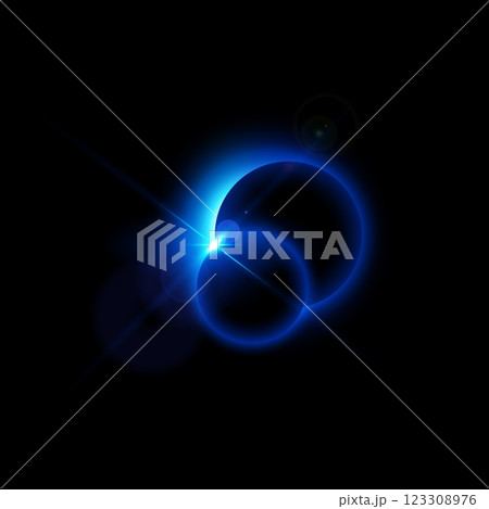 Solar or moon eclipse with blue blur light, vector realistic partial planet eclipse in dark universe, spark halo effects 123308976