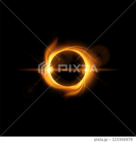 Solar eclipse with burning effect, vector orange glowing full planet eclipse with fire flame vortex in dark universe 123308979