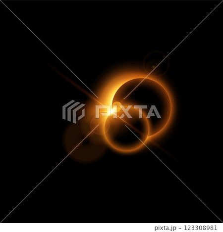 Solar or moon eclipse with orange blur light, vector partial planet eclipse in dark universe, spark and halo effects 123308981