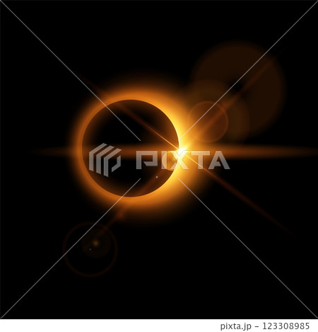Solar eclipse with sunlight, halo flare and rays, vector realistic gold glowing planet eclipse in universe, Astronomy 123308985