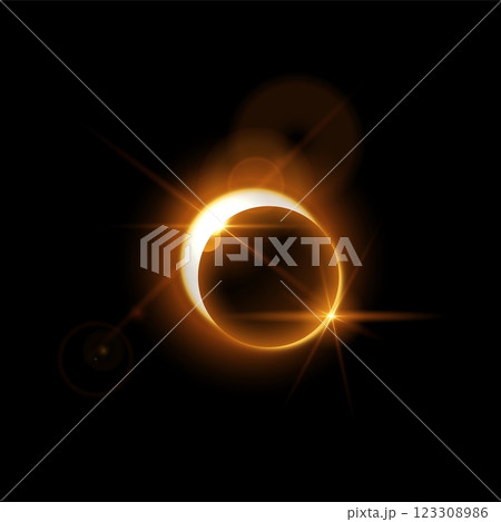 Solar eclipse with sunlight, halo flare and rays, vector realistic gold glow planet eclipse in dark universe, Astronomy 123308986