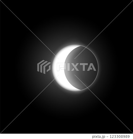 Solar or moon eclipse, vector crescent on round aura, lunar halo, realistic white glowing space planet in dark universe 123308989