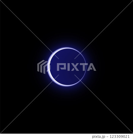 Moon or solar eclipse, vector realistic almost full planet eclipse in dark universe, white shiny crescent on round aura 123309021