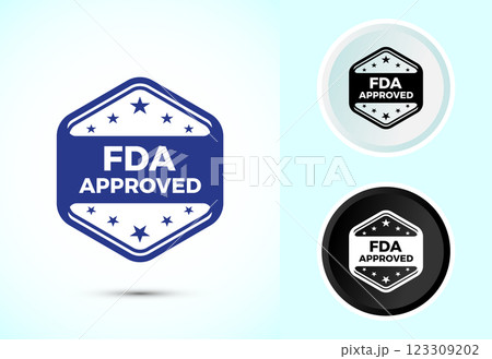 FDA approved icon, Food and Drug administration icon label, Color black and white 123309202