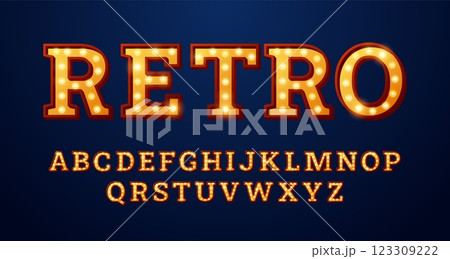 Retro alphabet with glowing bulbs, Vector illustration in circus lighting style. 123309222