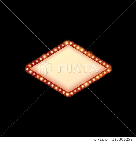 Light bulbs on red vector frame, glowing lamps rhombus border, retro wall billboard, Circus, cinema casino illumination 123309258