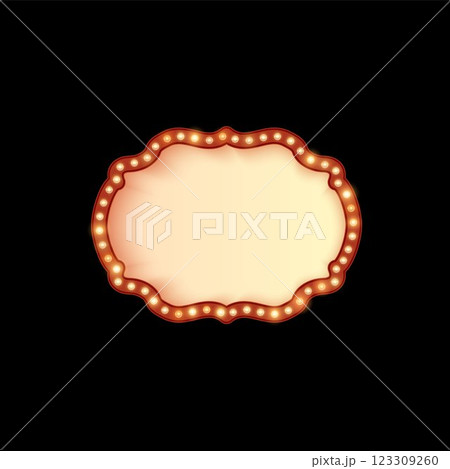 Glowing light bulbs on red frame, vintage lamp border, antique shape marquee billboard, vector retro banner backlight 123309260