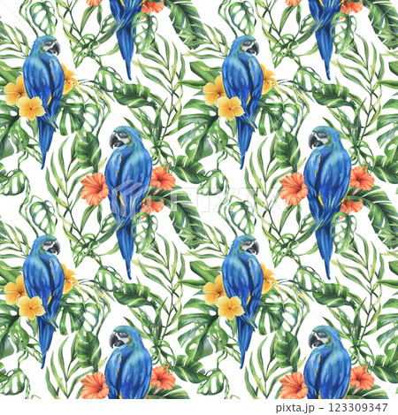 Tropical palm leaves, monstera and flowers of plumeria, hibiscus, bright juicy with blue-yellow macaw parrot. Hand drawn watercolor botanical illustration. Seamless pattern on the white background. Tropical palm leaves, monstera and flowers of plumeria, hibiscus, bright juicy with blue-yellow macaw parrot. Hand drawn watercolor botanical illustration. Seamless pattern on the white background. 123309347