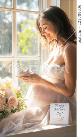 A beautiful pregnant woman sits near a sunlit window, gently holding a tiny pair of baby shoes. She smiles softly, reflecting on her journey into motherhood. A bouquet of flowers and a "Happy Mothers  123309636
