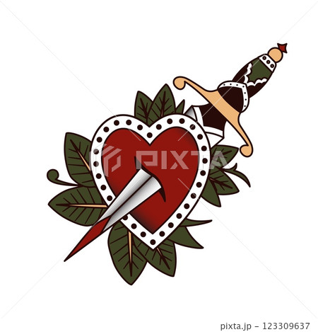 Traditional Tattoo Style Heart with Dagger and Leaves Vector Illustration for Love, Betrayal, and Passion Themes 123309637