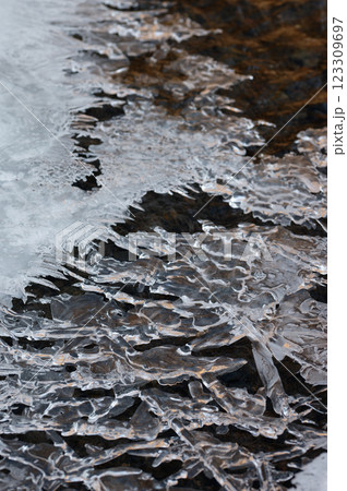 Frozen stream and ice closeup photo. Beautiful winter abstract background in nature. Concept for water and winter time. Frozen stream and ice closeup photo. Beautiful winter abstract background in nature. Concept for water and winter time. 123309697
