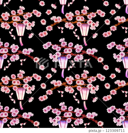Blooming branches of a pink flowers with a burning Japanese lantern. Seamless pattern of spring cherry, apple, almond tree on a black background. Watercolor template for Hanami, textile, wallpaper 123309711