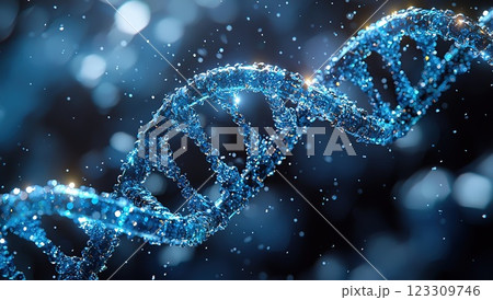 Twisting blue DNA strands illuminated by light in a dark background showcasing genetic structures Twisting blue DNA strands illuminated by light in a dark background showcasing genetic structures 123309746