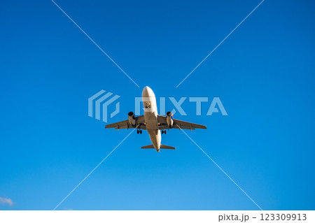 Underside view of an airplane flying through the sky, showcasing aviation technology, flight path, and the freedom of air travel. 123309913