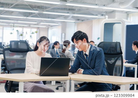 先輩社員から業務を教えてもらう新人の女性 先輩社員から業務を教えてもらう新人の女性 123309984