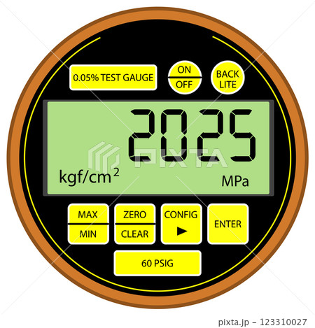 Modern digital gas pressure gauge with new year 2025 number on white background 123310027