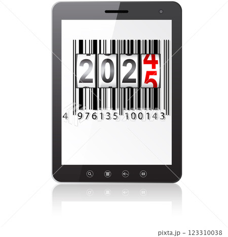 Tablet PC computer with 2025 New Year counter isolated on white background 123310038