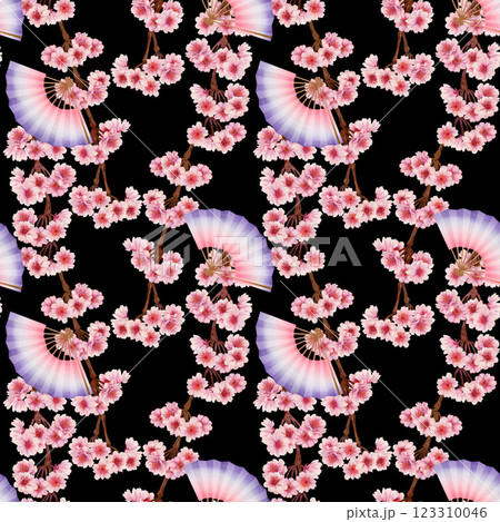 Blooming branches with pink flowers with a folding paper fans. Seamless pattern of spring cherry, apple, almond tree on a white, black background. Watercolor template for Hanami, textile, wallpaper 123310046