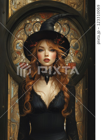 Beautiful witch in hat, AI illustration 123310069