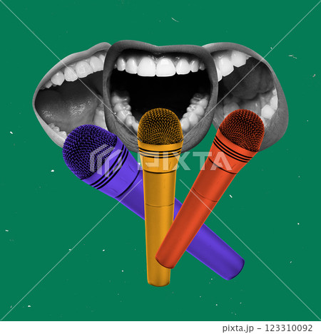 Contemporary art collage. Three open mouths speaking into vibrant microphones against green background. Concept of media influence, discussion. Contemporary art collage. Three open mouths speaking into vibrant microphones against green background. Concept of media influence, discussion. 123310092