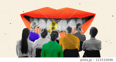 Modern artwork. Audience facing giant lips with bold colors and piercing against textured background. Concept of public speaking, leadership 123310096