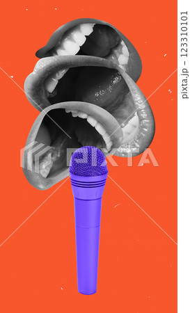 Modern art collage. Multiple open mouths speaking towards vibrant microphone on red background. Concept of leadership, professional discussions. Modern art collage. Multiple open mouths speaking towards vibrant microphone on red background. Concept of leadership, professional discussions. 123310101