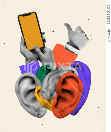 Conceptual art design. Hands holding smartphone with colorful ears surrounding it against textured background. Concept of online conversations, digital interaction. 123310103