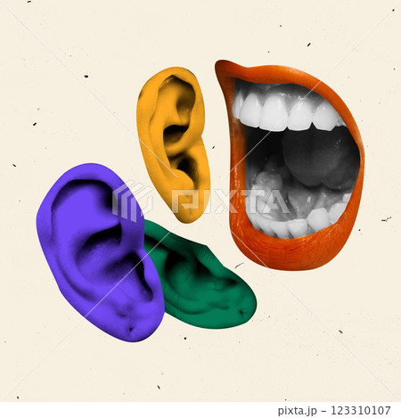 Contemporary art design. Mouth with bright lips speaking to colorful ears floating against textured background. Concept of communication 123310107