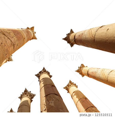 Roman Columns in the Jordanian city of Jerash (Gerasa of Antiquity), capital and largest city of Jerash Governorate, Jordan. Carved on white background Roman Columns in the Jordanian city of Jerash (Gerasa of Antiquity), capital and largest city of Jerash Governorate, Jordan. Carved on white background 123310311