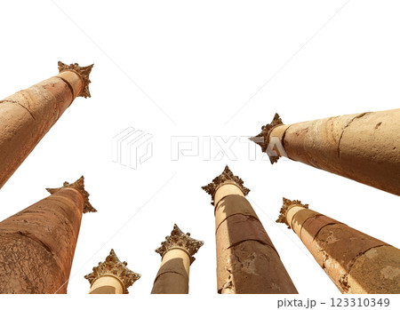 Roman Columns in the Jordanian city of Jerash (Gerasa of Antiquity), capital and largest city of Jerash Governorate, Jordan. Carved on white background Roman Columns in the Jordanian city of Jerash (Gerasa of Antiquity), capital and largest city of Jerash Governorate, Jordan. Carved on white background 123310349