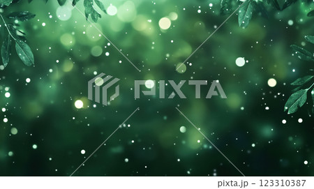 A dreamy blurred forest background with green foliage and soft bokeh light effects, creating a peaceful, natural atmosphere. 123310387