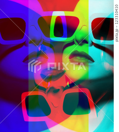Woman portrait with classic hairstyle, big retro sunglasses and earrings in RGB color split effect style Woman portrait with classic hairstyle, big retro sunglasses and earrings in RGB color split effect style 123310410
