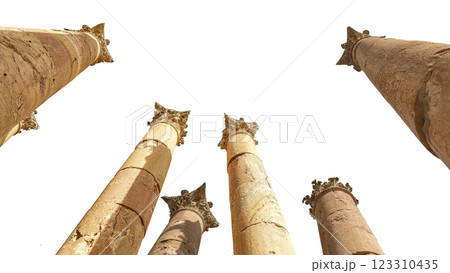Roman Columns in the Jordanian city of Jerash (Gerasa of Antiquity), capital and largest city of Jerash Governorate, Jordan. Carved on white background 123310435
