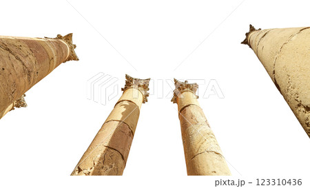 Roman Columns in the Jordanian city of Jerash (Gerasa of Antiquity), capital and largest city of Jerash Governorate, Jordan. Carved on white background Roman Columns in the Jordanian city of Jerash (Gerasa of Antiquity), capital and largest city of Jerash Governorate, Jordan. Carved on white background 123310436