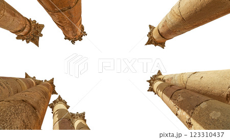 Roman Columns in the Jordanian city of Jerash (Gerasa of Antiquity), capital and largest city of Jerash Governorate, Jordan. Carved on white background 123310437