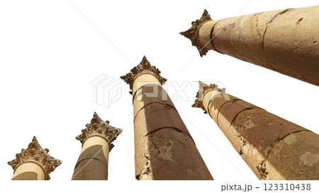 Roman Columns in the Jordanian city of Jerash (Gerasa of Antiquity), capital and largest city of Jerash Governorate, Jordan. Carved on white background Roman Columns in the Jordanian city of Jerash (Gerasa of Antiquity), capital and largest city of Jerash Governorate, Jordan. Carved on white background 123310438