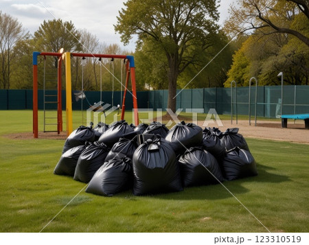 Big plastic trash bags near the fence of playground. Urban environment pollution Garbage collection. 123310519