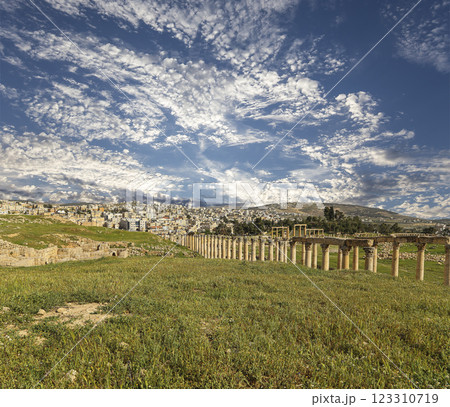 Roman ruins (against the background of a beautiful sky with clouds) in the Jordanian city of Jerash (Gerasa of Antiquity), capital and largest city of Jerash Governorate, Jordan 123310719
