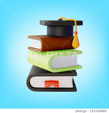 3d Black Graduation Cap on Top of Pile of Books Cartoon Design Style. Vector illustration of Education Concept 123310809
