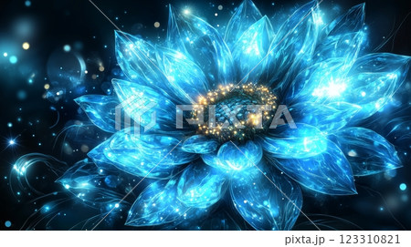 Realistic transparent bright and colorful glowing sunflower bouquet. 123310821