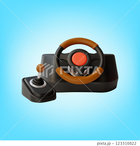 3d Steering Wheel with Gearbox Transmission Lever Cartoon Design Style. Vector illustration 123310822