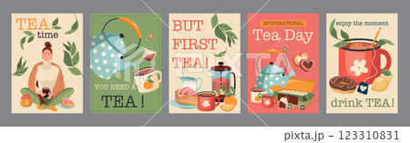 Tea time typography template posters. Vertical covers with woman drink hot beverage, teapots, cups and mugs, sugar, tea bags, desserts. Modern banners set in minimalism design. Vector illustration. Tea time typography template posters. Vertical covers with woman drink hot beverage, teapots, cups and mugs, sugar, tea bags, desserts. Modern banners set in minimalism design. Vector illustration. 123310831
